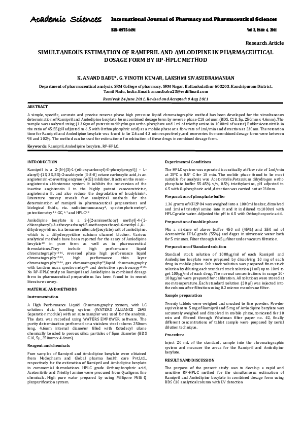 (PDF) Simultaneous Estimation of Ramipril and Amlodipine in ...