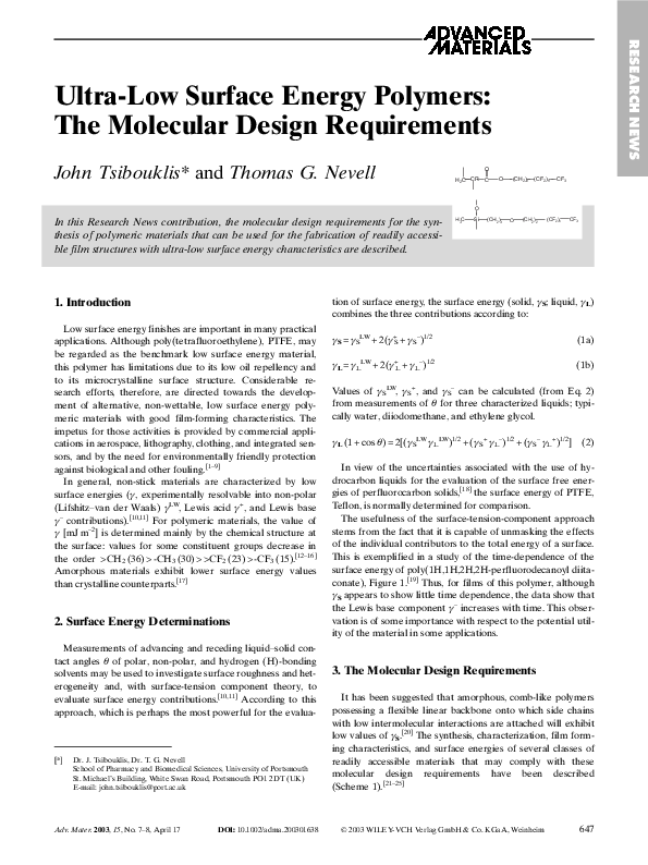 (PDF) UltraLow Surface Energy Polymers The Molecular Design