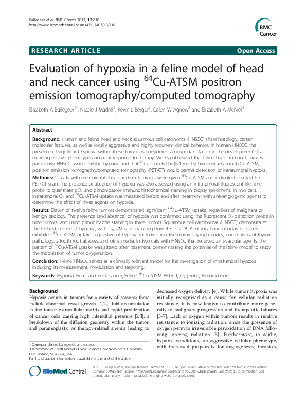 (PDF) Evaluation of hypoxia in a feline model of head and neck cancer ...
