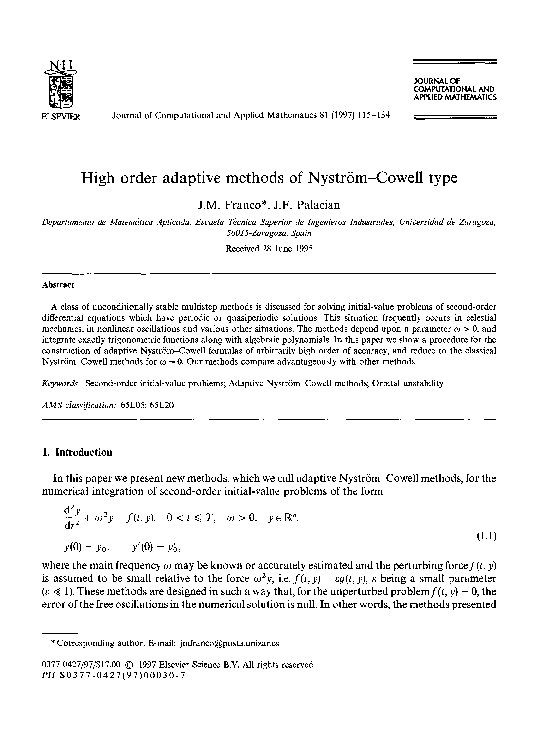 (PDF) High order adaptive methods of Nyström-Cowell type