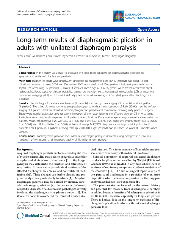 (PDF) Longterm results of diaphragmatic plication in adults with