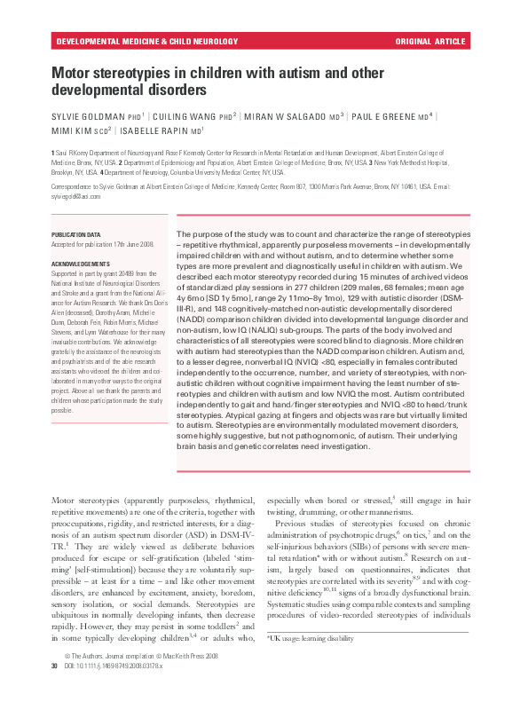 (PDF) Motor stereotypies in children with autism and other ...