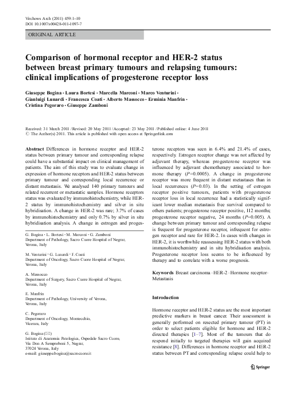 (PDF) Comparison of hormonal receptor and HER-2 status between breast ...