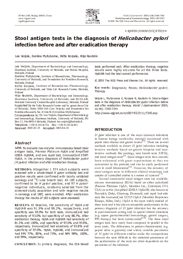 (PDF) Stool antigen tests in the diagnosis of Helicobacter pylori