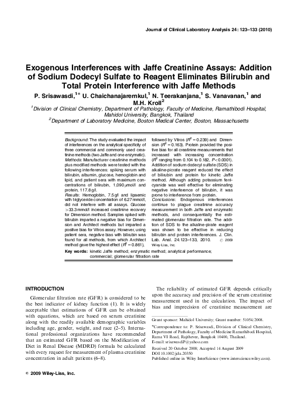 (PDF) Exogenous interferences with Jaffe creatinine assays addition of
