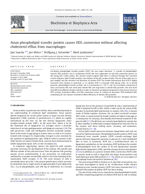 (PDF) Avian phospholipid transfer protein causes HDL conversion without ...