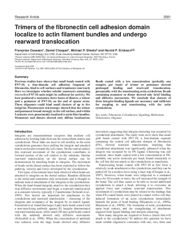 (PDF) Trimers of the fibronectin cell adhesion domain localize to actin ...