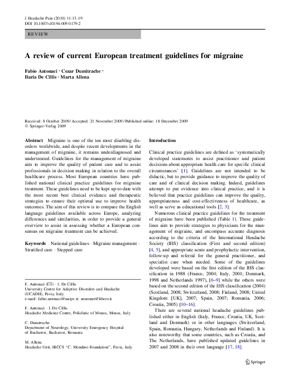 (PDF) A review of current European treatment guidelines for migraine