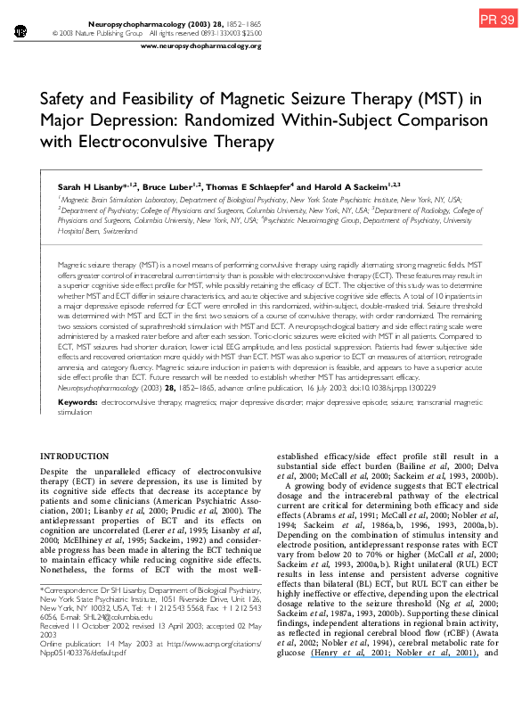 (PDF) Safety and Feasibility of Seizure Therapy (MST) in Major