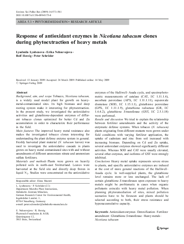 PDF) Response of antioxidant enzymes in Nicotiana tabacum clones during  phytoextraction of heavy metals
