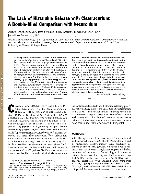 (PDF) The Lack of Histamine Release with Cisatracurium A DoubleBlind
