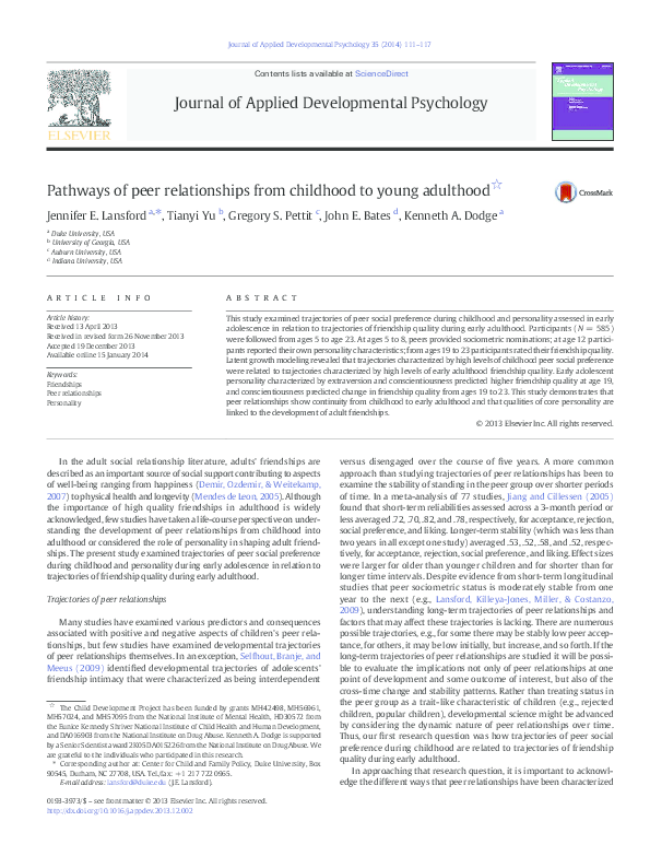(PDF) Pathways of peer relationships from childhood to young adulthood