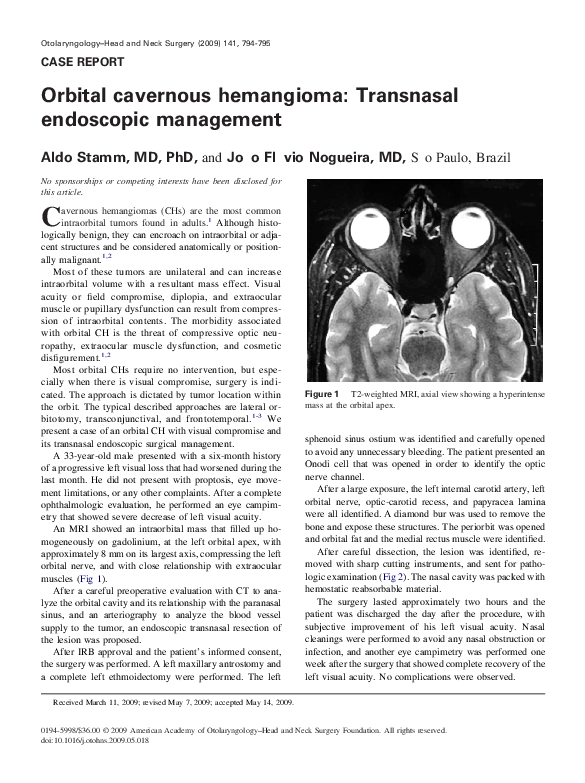 (PDF) Orbital cavernous hemangioma: Transnasal endoscopic management