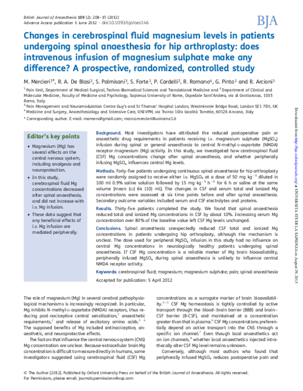 (PDF) Changes in cerebrospinal fluid magnesium levels in patients