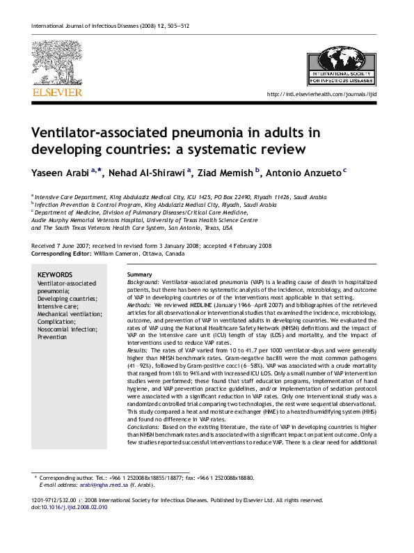 (PDF) Ventilatorassociated pneumonia in adults in developing countries