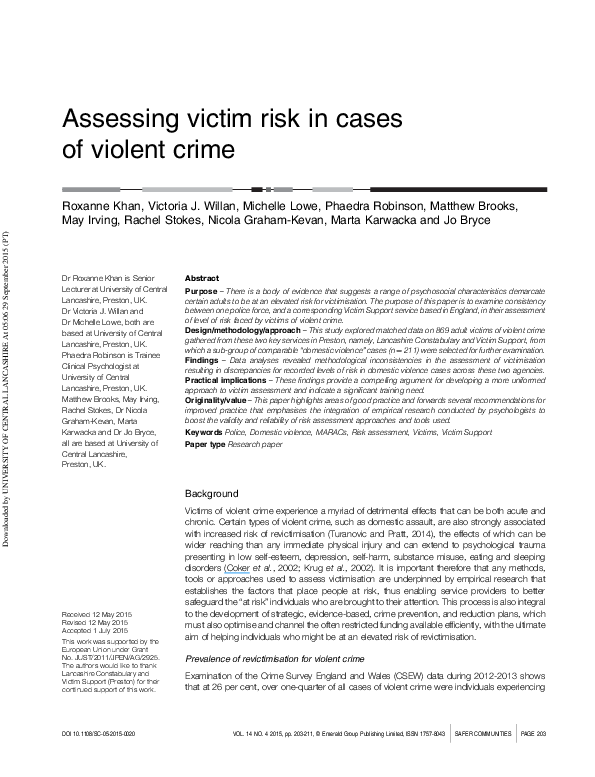 (PDF) Assessing victim risk in cases of violent crime