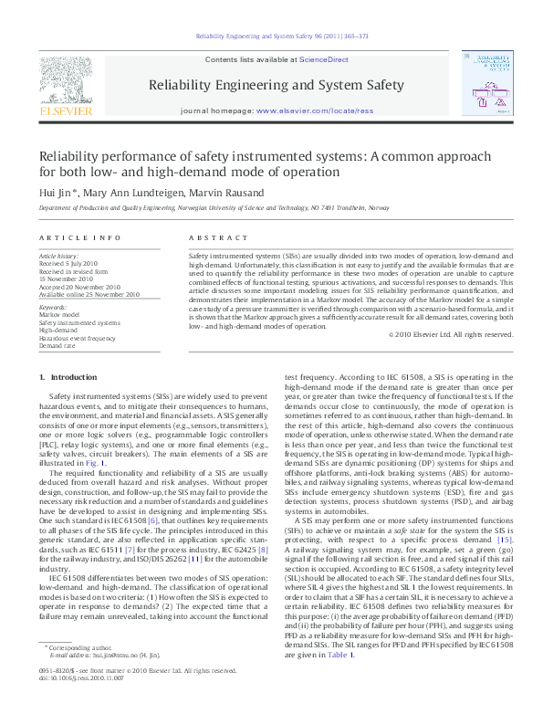 (PDF) Reliability performance of safety instrumented systems: A common ...