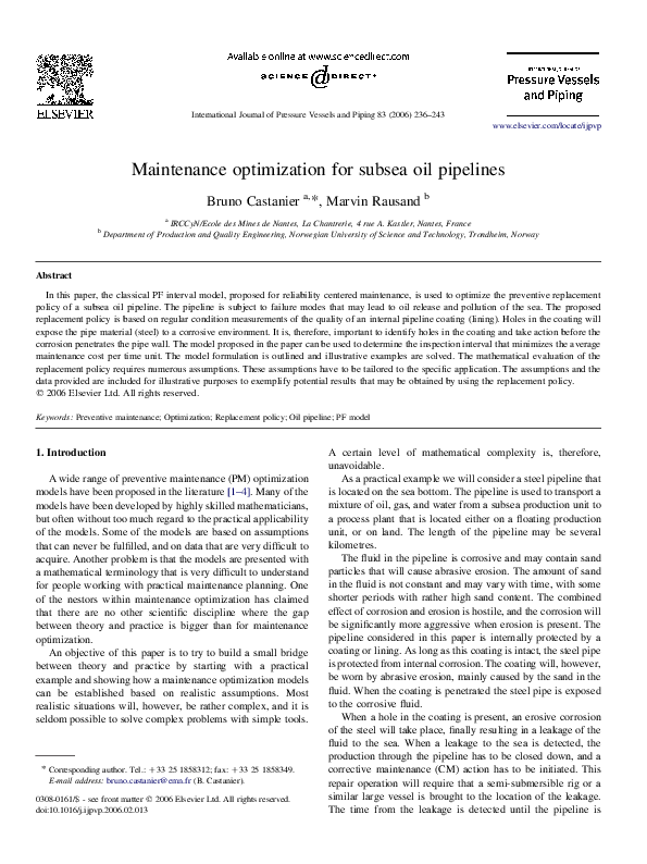 (PDF) Maintenance optimization for subsea oil pipelines