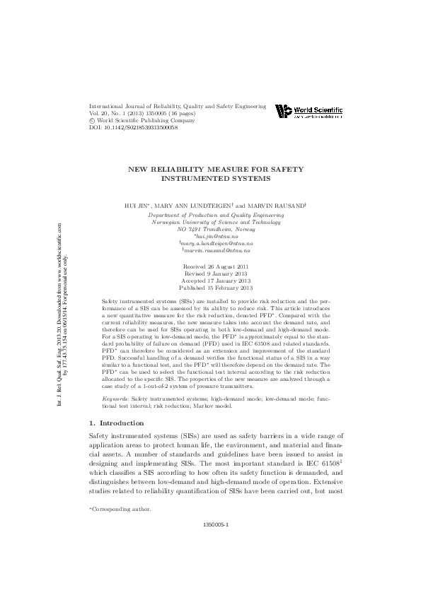 (PDF) NEW RELIABILITY MEASURE FOR SAFETY INSTRUMENTED SYSTEMS