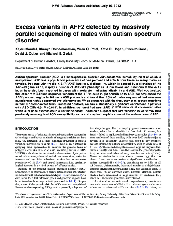 (PDF) Excess variants in AFF2 detected by massively parallel sequencing ...
