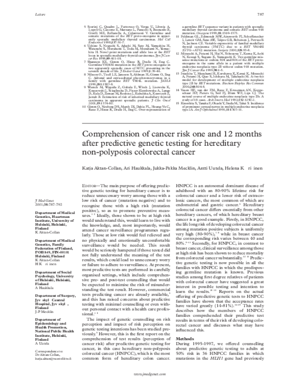 Pdf Comprehension Of Cancer Risk One And 12 Months After Predictive Genetic Testing For Hereditary Non Polyposis Colorectal Cancer Ari Haukkala Academia Edu