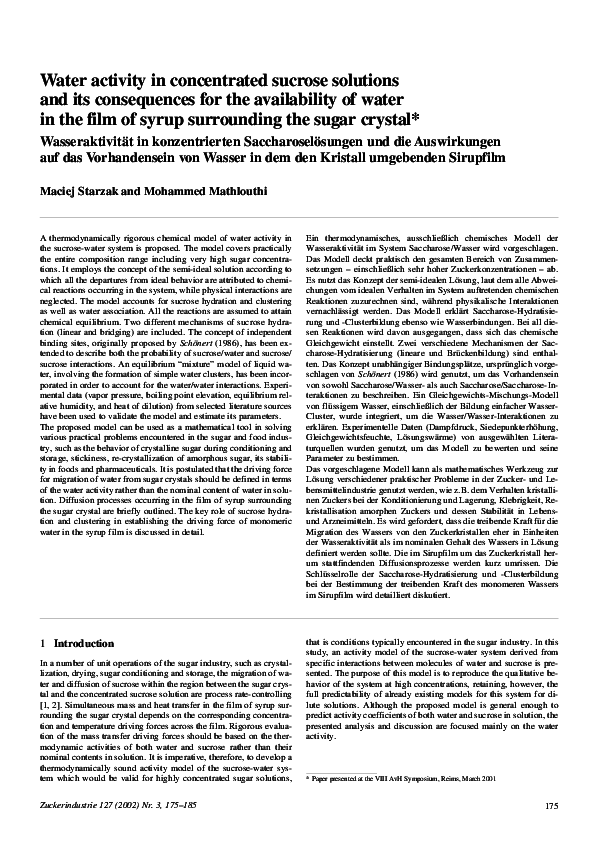 (PDF) Water activity in concentrated sucrose solution and its ...