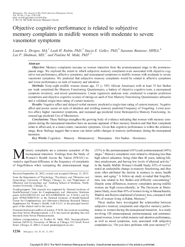 (PDF) Objective cognitive performance is related to subjective memory ...