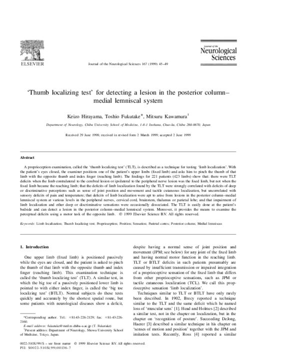 (PDF) ‘Thumb localizing test’ for detecting a lesion in the posterior ...