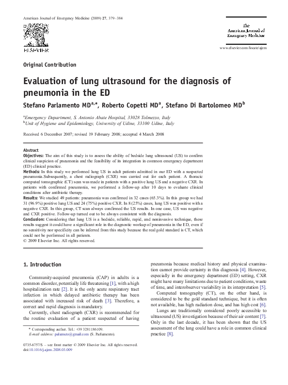 (PDF) Evaluation of lung ultrasound for the diagnosis of pneumonia in ...