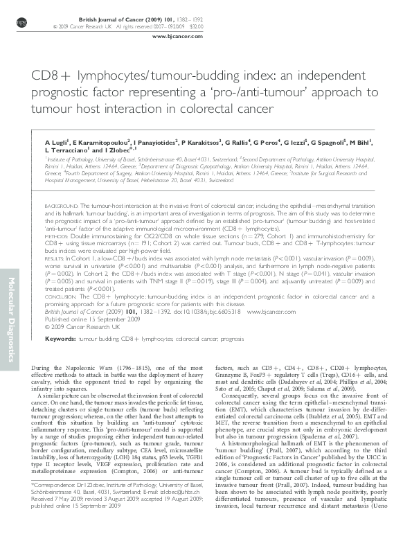 (PDF) CD8+ lymphocytes/ tumour-budding index: an independent prognostic ...