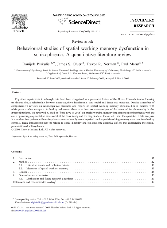 (PDF) Behavioural studies of spatial working memory dysfunction in ...