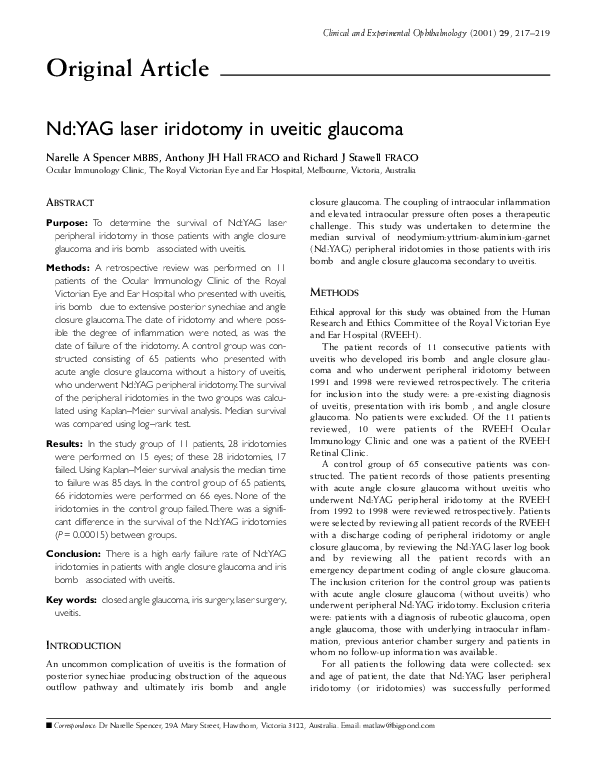 (PDF) NdYAG laser iridotomy in uveitic Richard Stawell and