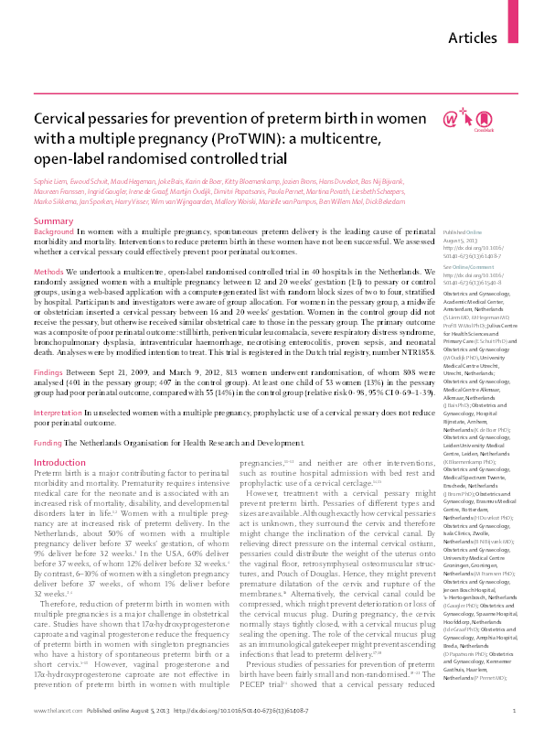 (PDF) Cervical Pessaries for Prevention of Preterm Birth in Women With ...