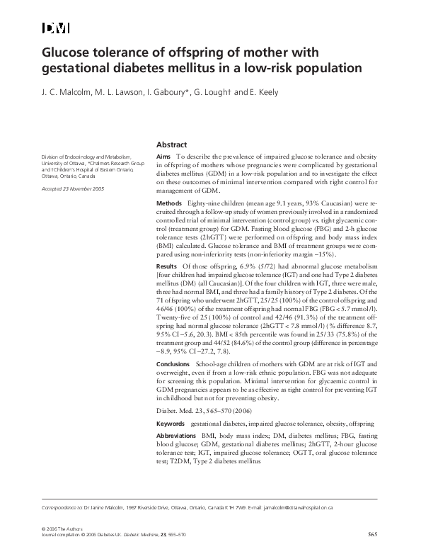 (PDF) Glucose tolerance of offspring of mother with gestational ...