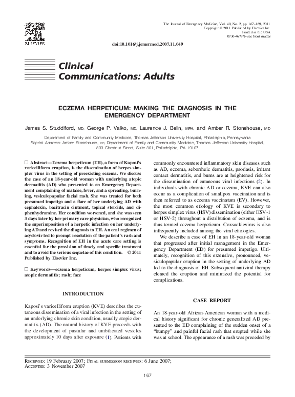 (PDF) Eczema Herpeticum Making the diagnosis in the Emergency Department James Studdiford and