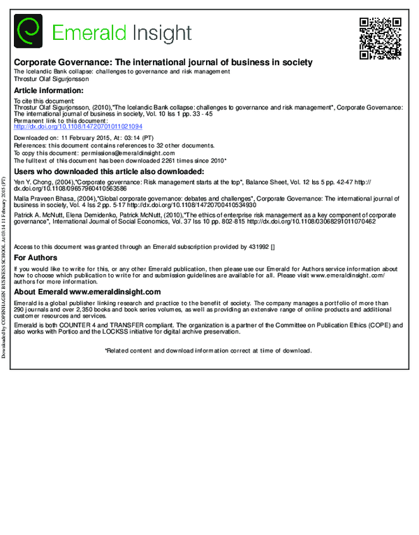 PDF) The Icelandic Bank collapse: challenges to governance