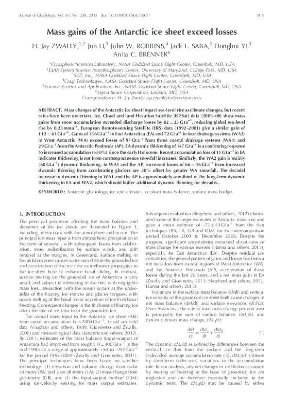 (PDF) Mass gains of the Antarctic ice sheet exceed losses