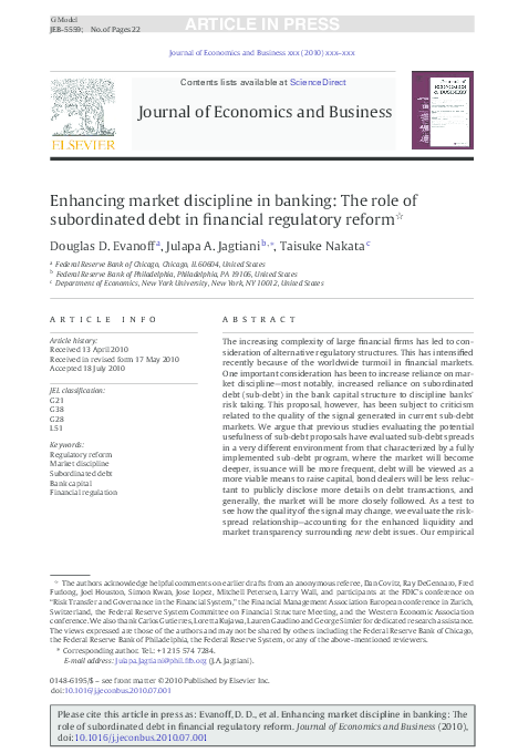 (PDF) Enhancing Market Discipline in Banking: The Role of Subordinated ...