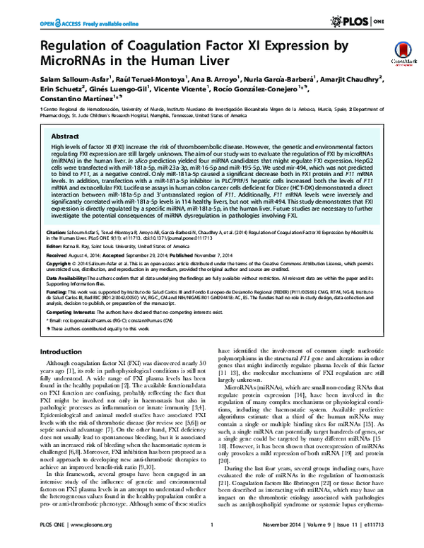 (PDF) Regulation of Coagulation Factor XI Expression by MicroRNAs in ...