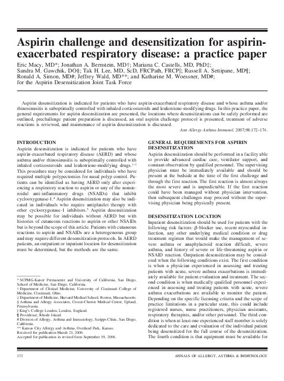 (PDF) Aspirin challenge and desensitization for aspirinexacerbated