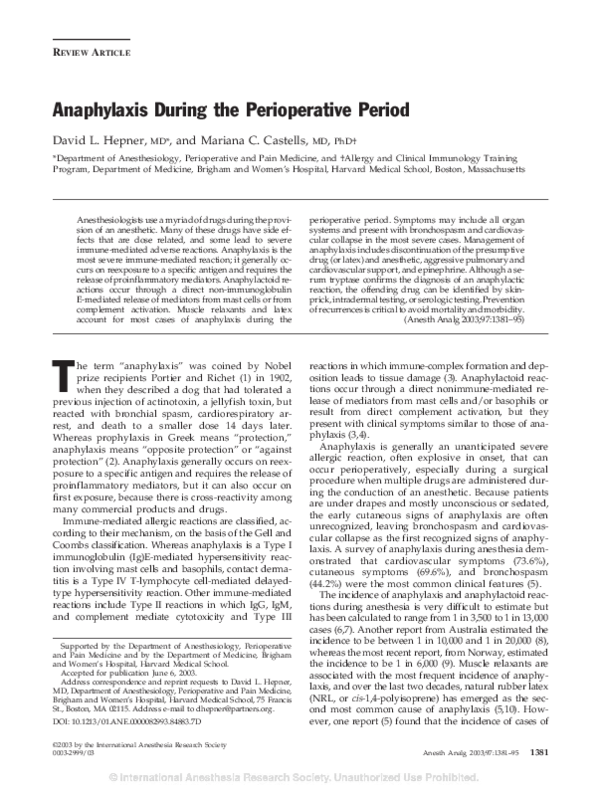 (PDF) Anaphylaxis During the Perioperative Period