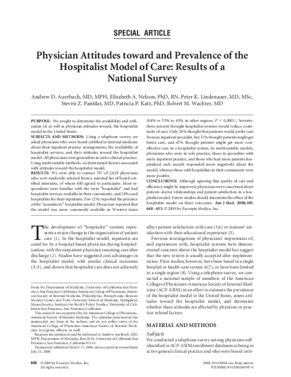 (PDF) Physician attitudes toward and prevalence of the hospitalist ...