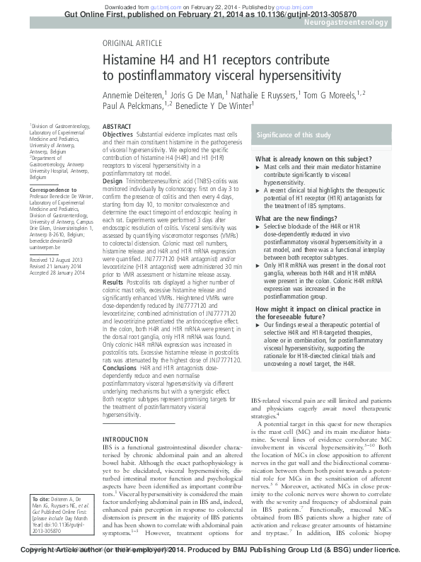 (PDF) Histamine H4 and H1 receptors contribute to postinflammatory ...