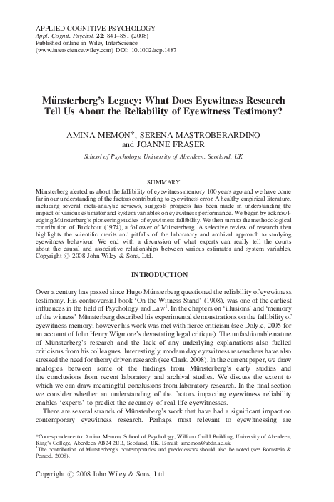 (PDF) Münsterberg's legacy: What does eyewitness research tell us about ...