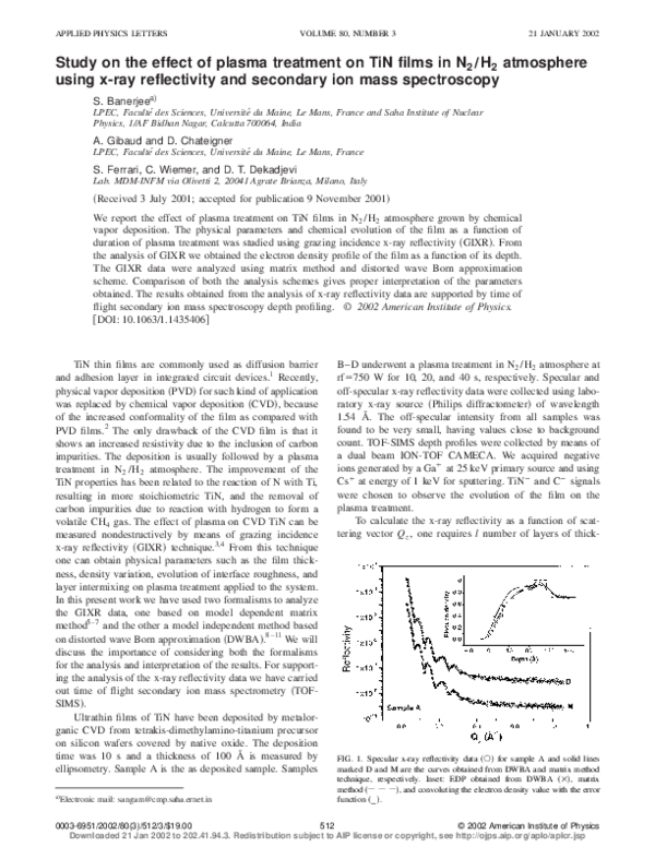 (PDF) Study on the effect of plasma treatment on TiN films in N[sub 2 ...