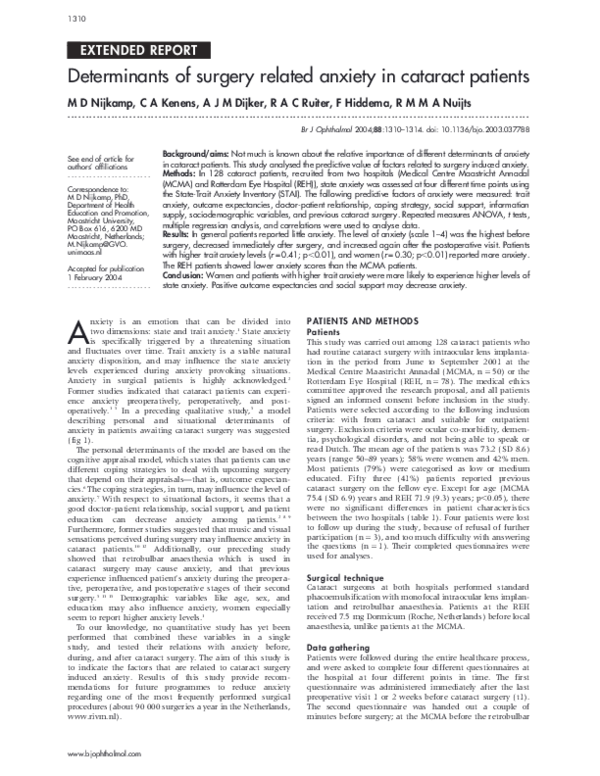 (PDF) Determinants of surgery related anxiety in cataract patients