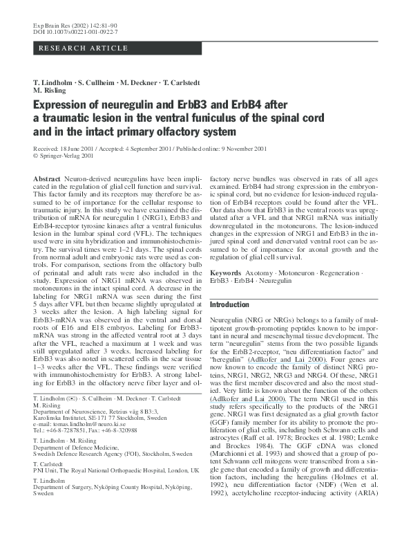(PDF) Expression of neuregulin and ErbB3 and ErbB4 after a traumatic ...
