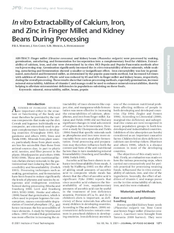 (PDF) In vitro Extractability of Calcium, Iron, and Zinc in Finger Millet and Kidney Beans