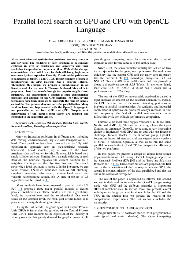 (PDF) Parallel local search on GPU and CPU with OpenCL Language