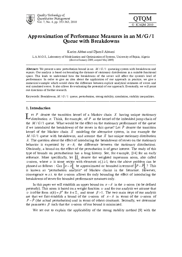 (PDF) Approximation of Performance Measures in an M/G/1 Queue with ...